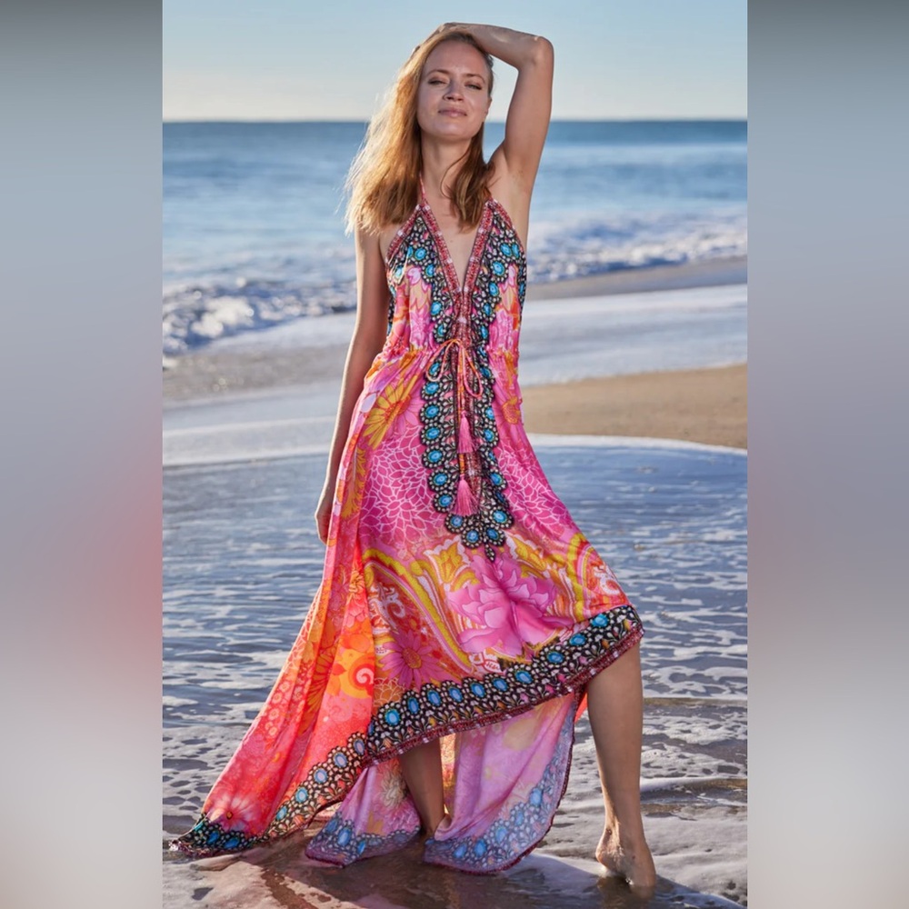 Ranee’s Vibrant Turquoise, Pink and Orange Maxi Dress resort beach OS